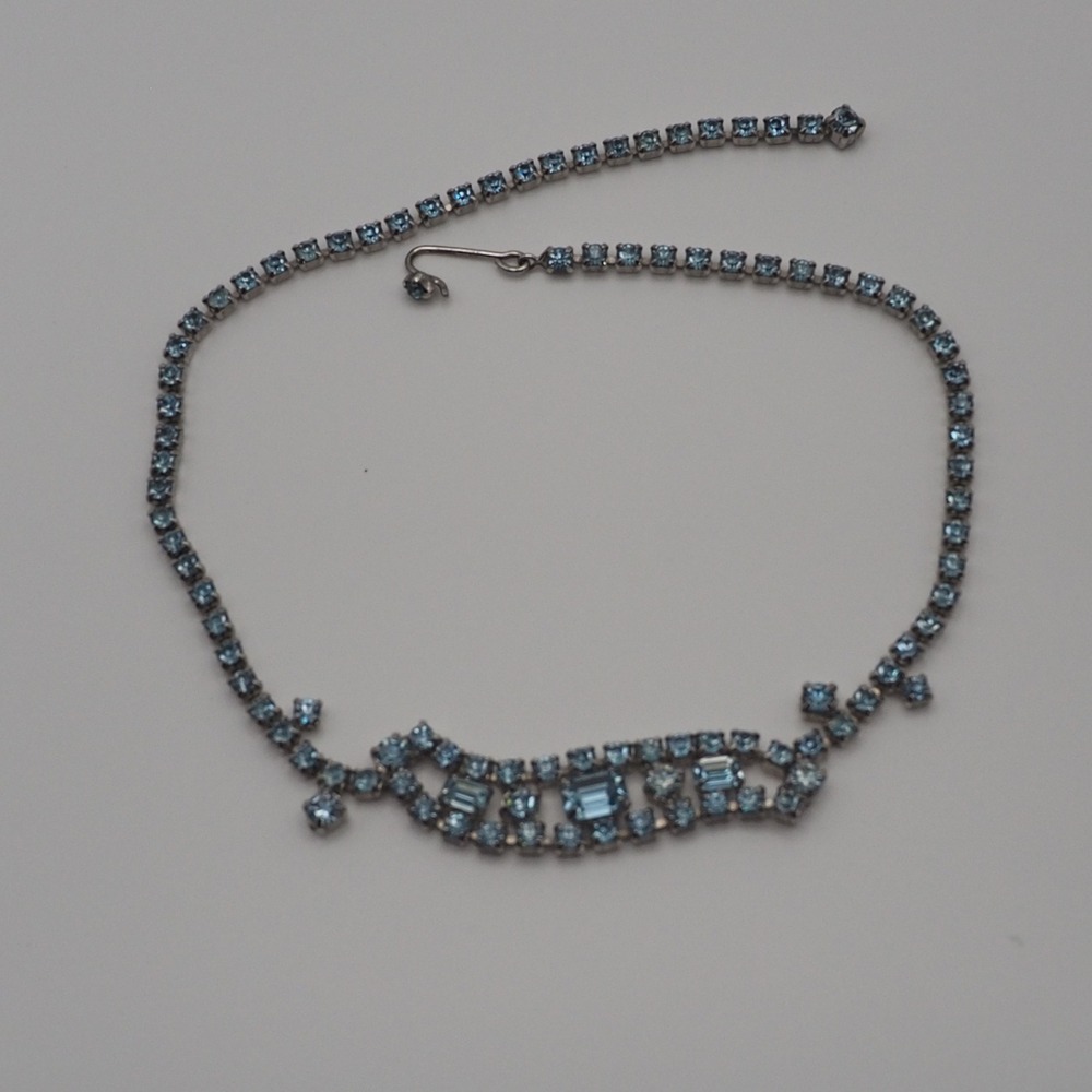 Vintage Necklace Light Blue Rhinestone Riviera Choker Bib Silver Tone December